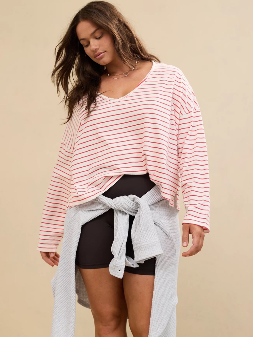 aerie slouchy boxy V-Neck Long Sleeve Tee in White and Red Stripes